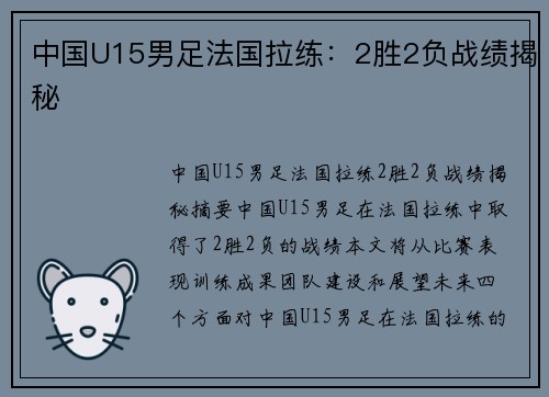 中国U15男足法国拉练：2胜2负战绩揭秘